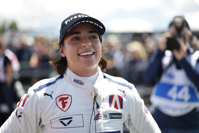 Jamie Chadwick INDY NXT race winner all smiles