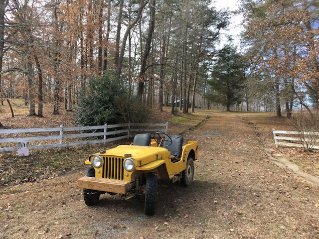 Willys Jeep CJ 2A Old Yella front three quarter country gate