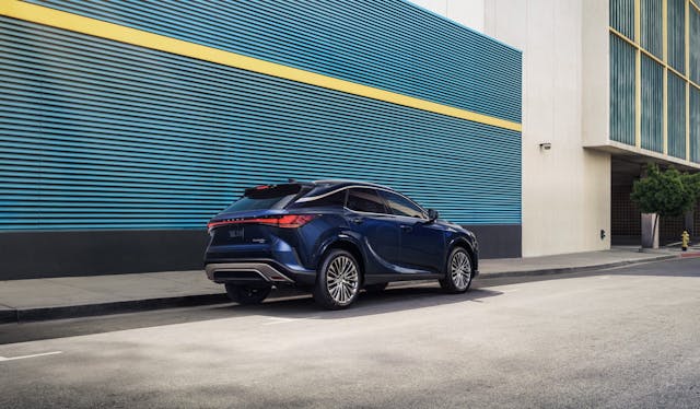 2024 Lexus RX 450h+ exterior rear three quarter blue