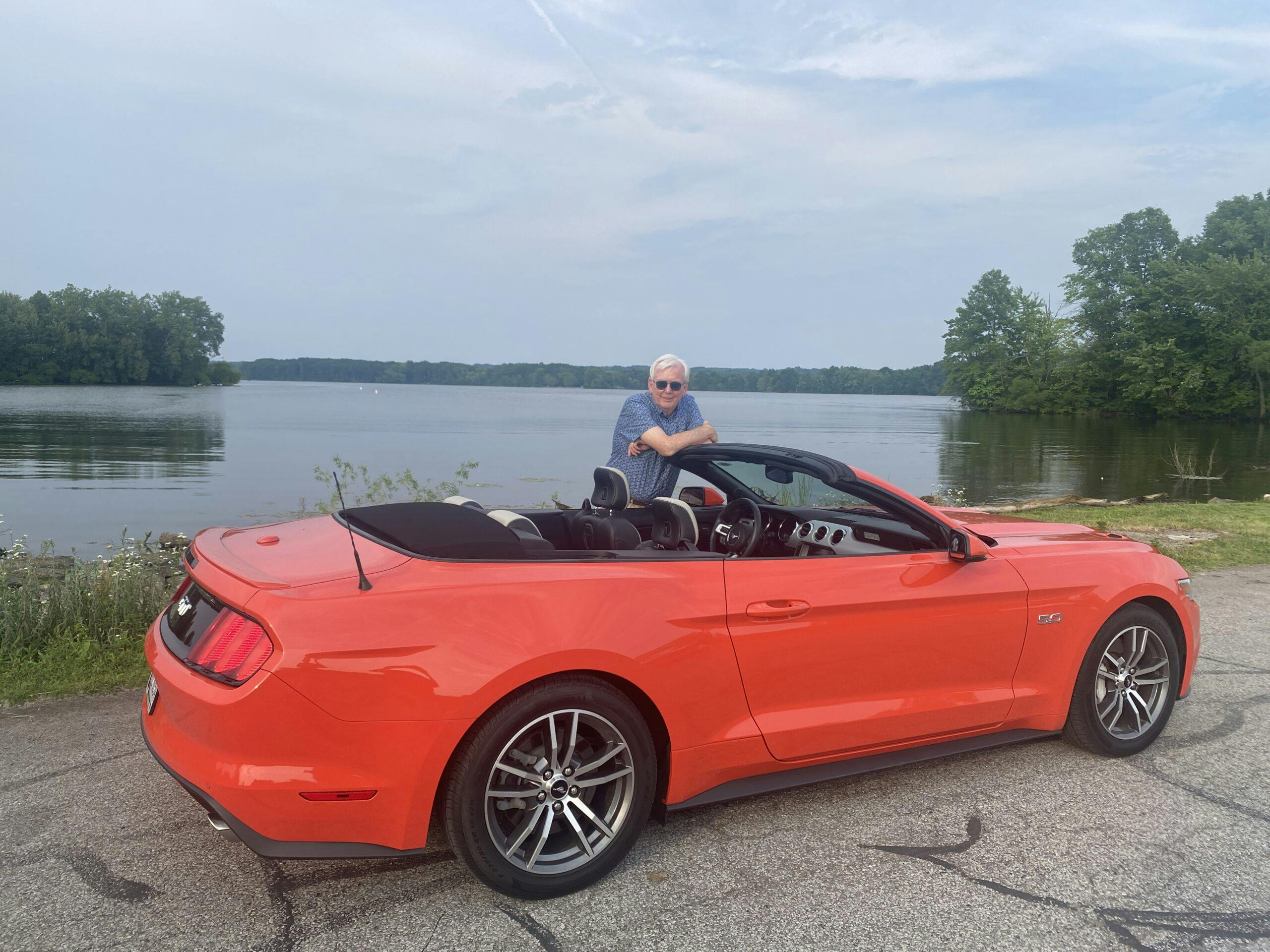 2015 Competition Orange Mustang GT convertible rear three quarter