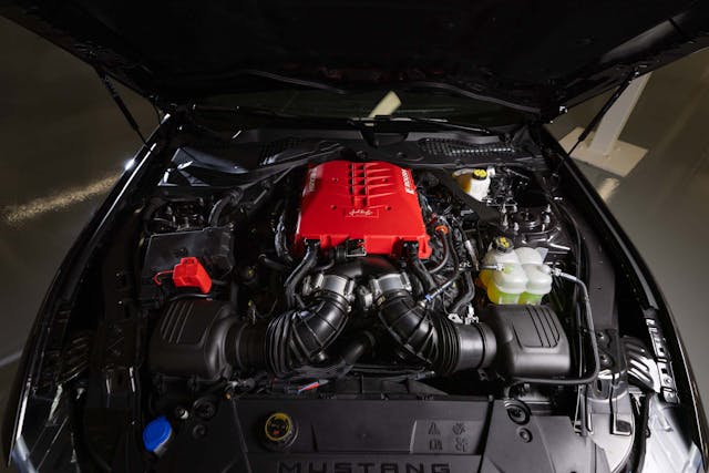 Roush 2024 Mustang GT Supercharger kit red blower cover high angle from front