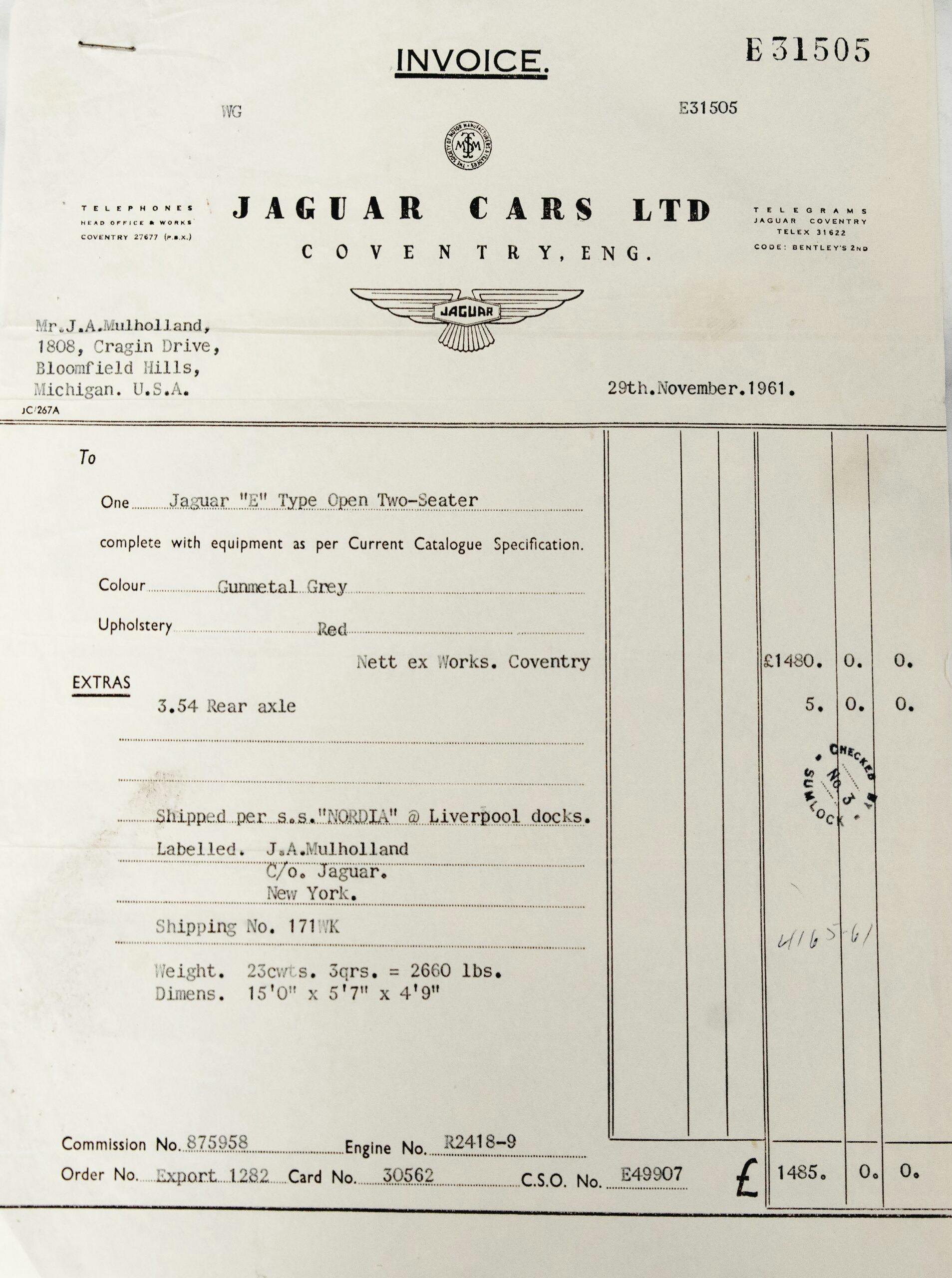 1961 E-Type Nikolas invoice