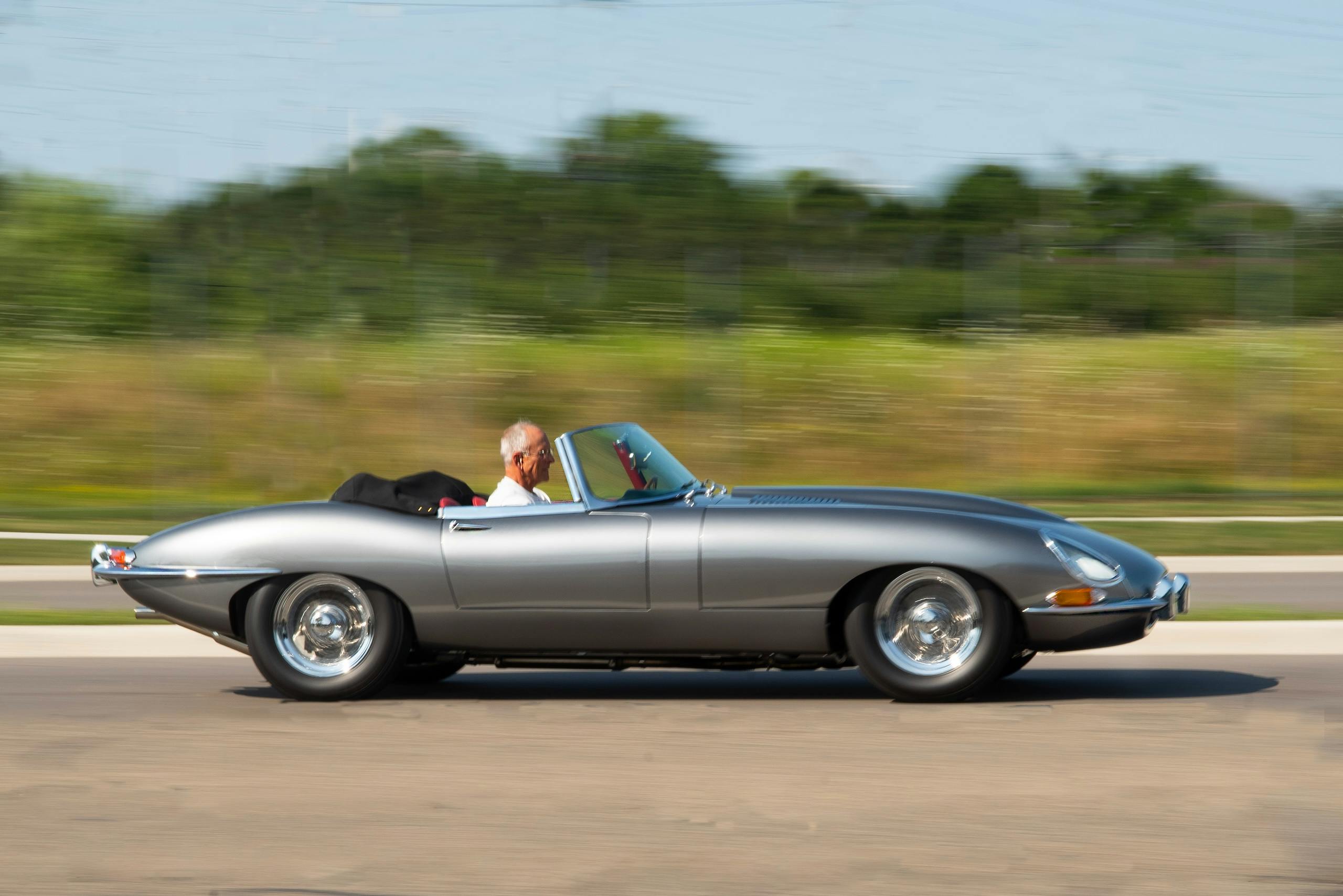 1961 E-Type Nikolas side profile blur action