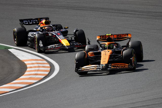 Lando Norris ahead of Max Verstappen at the 2024 Formula 1 Dutch Grand Prix