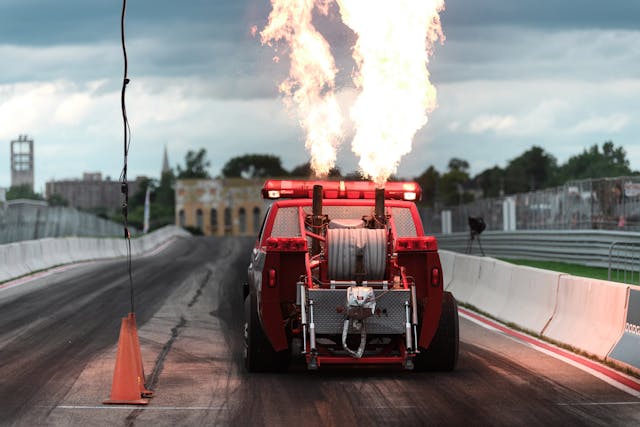 2024 Roadkill Nights drag racing event detroit michigan flames