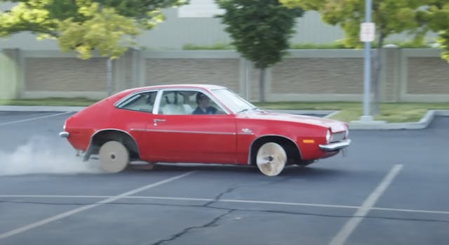 Stone wheels on a car experiment Pinto donuts in a parking lot