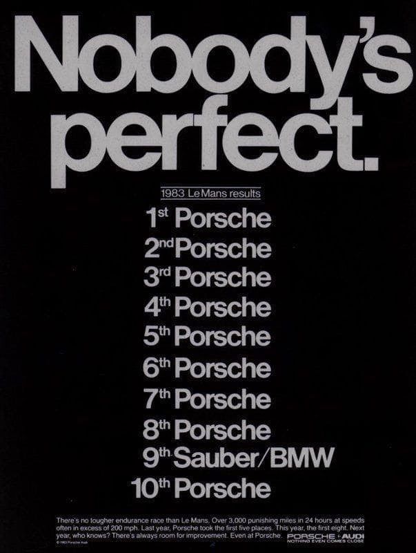 nobody perfect porsche le mans car ad vintage