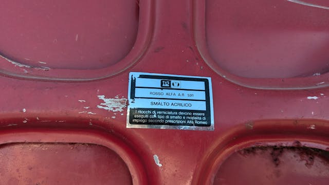 1987 Alfa Romeo Spider hood info plate