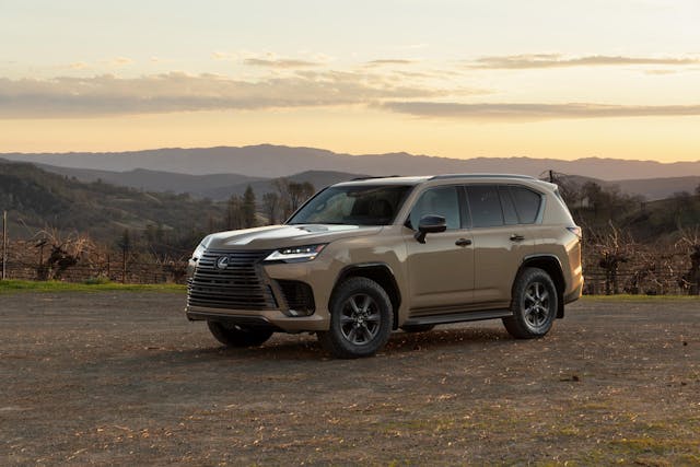 2025 Lexus LX 700h Overtrail exterior front three quarter low light