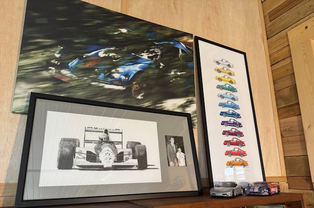 Desk wall with automobilia decorations