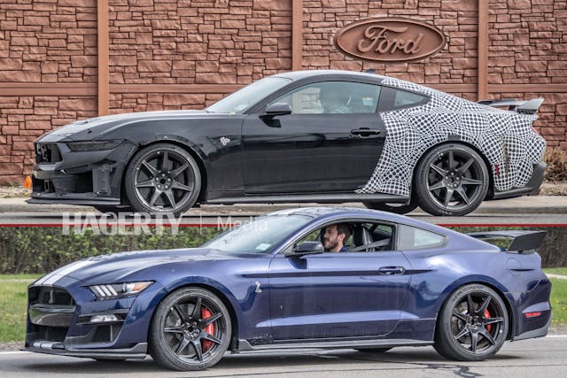 Mustang GT500 mule spy image camo rear three quarter side by side