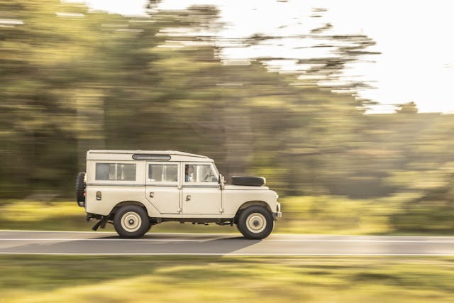 vintage land rover pan blue side profile england