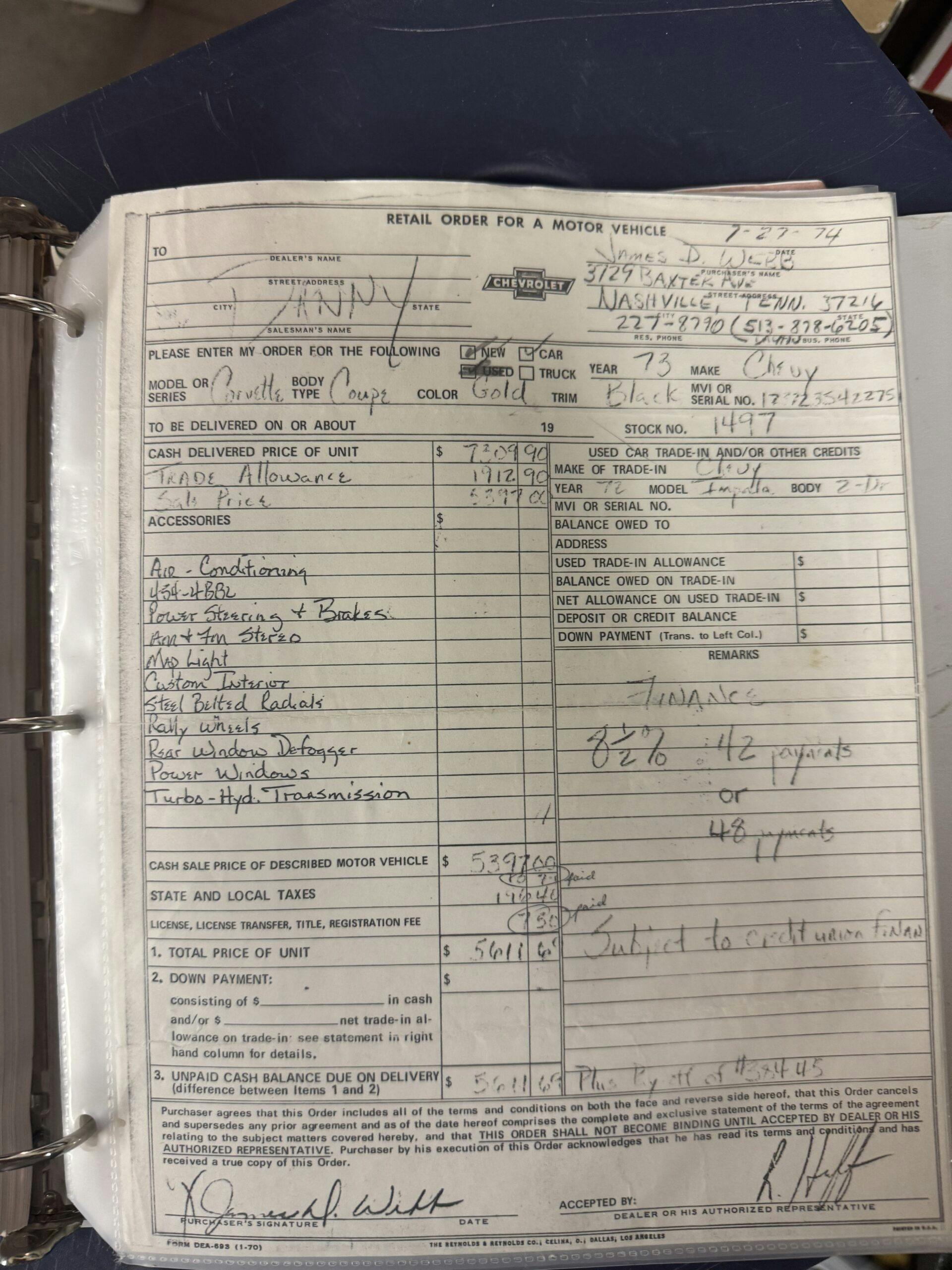 Don Webb 1973 Corvette paperwork