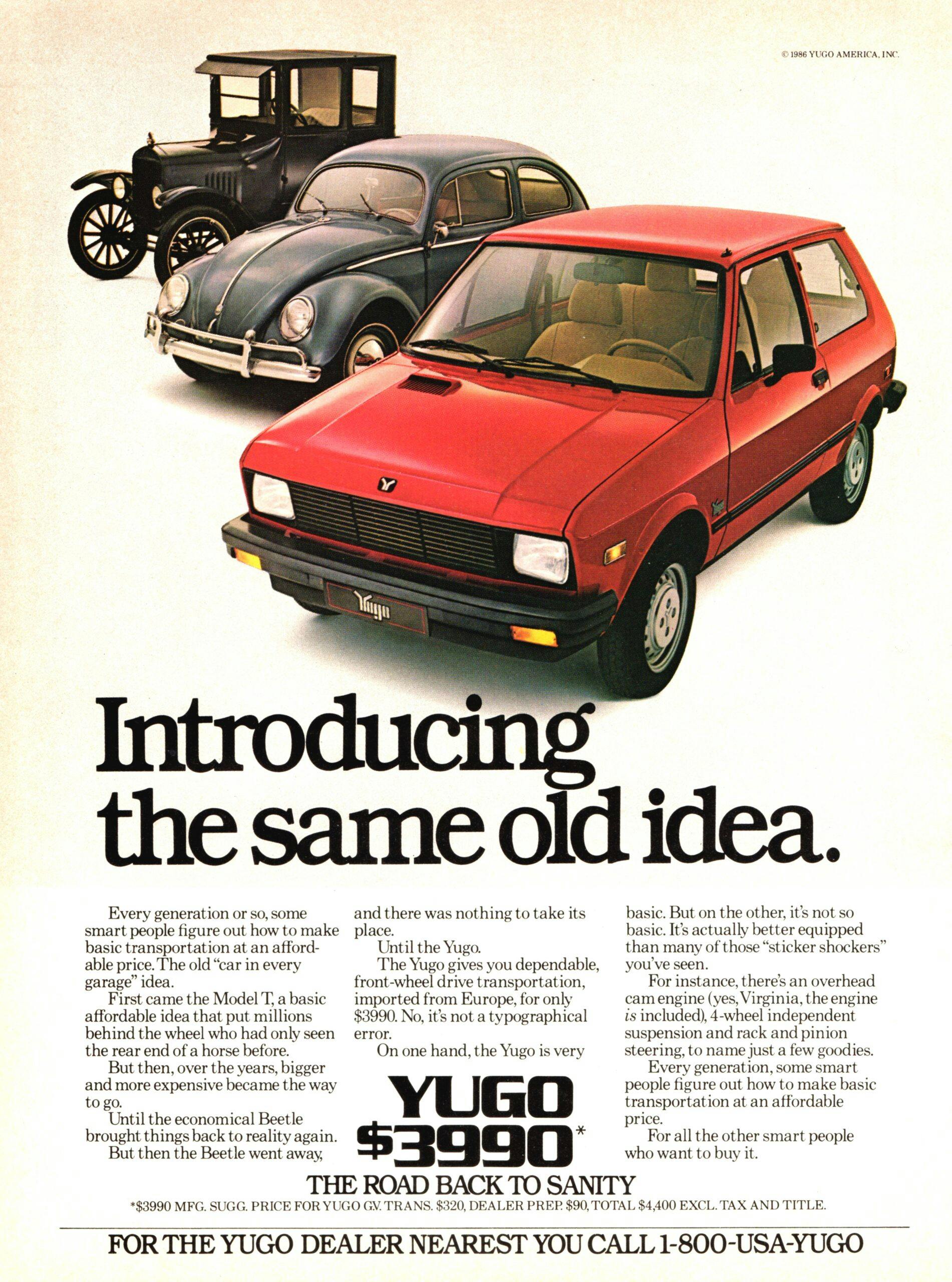 Yugo Ford Model A VW Bug ad
