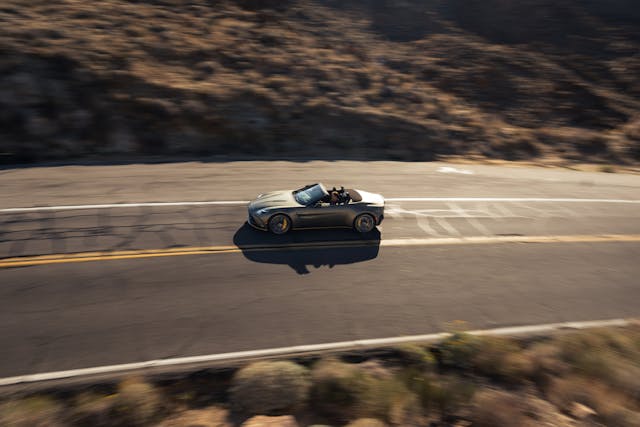 2026-Aston-Martin-Vantage-Roadster-Satin-Titanium-Grey front three quarter dynamic high angle wide