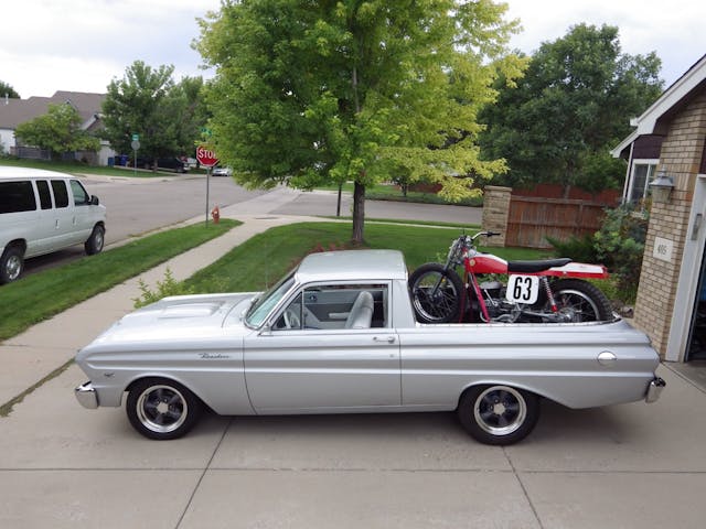 1965 Ford Ranchero profile driveway motorcycle