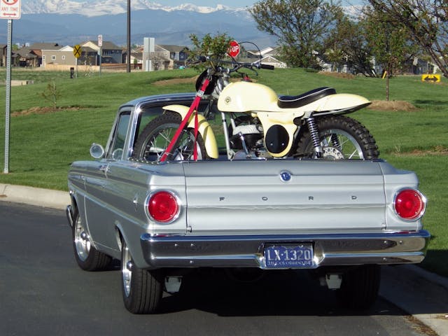 1965 Ford Ranchero rear with motorcycle