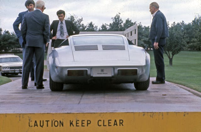 Gib Hufstader and Zora Arkus-Duntov chat beside the 1973 Chevrolet Corvette 4-Rotor Concept