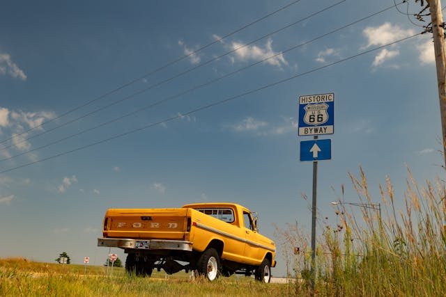 1971 Ford Pickup route 66 sign Roadtrip Bowman father son