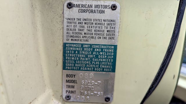 1969 AMC Rebel SST Hardtop Coupe info plate