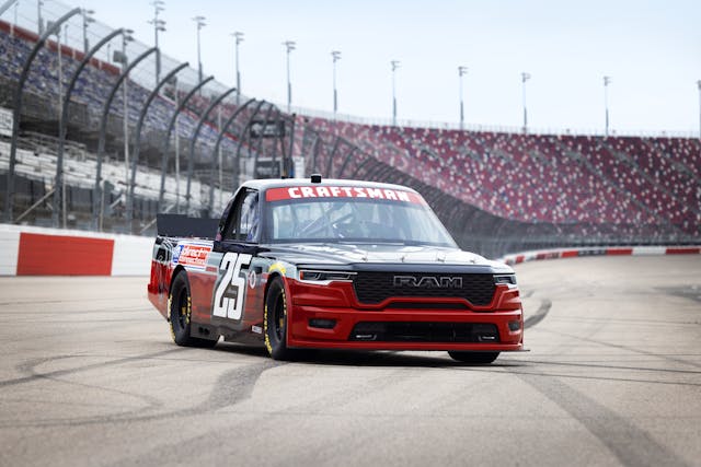 2026 Ram NASCAR Craftsman Truck Series truck exterior front three quarter parked on track