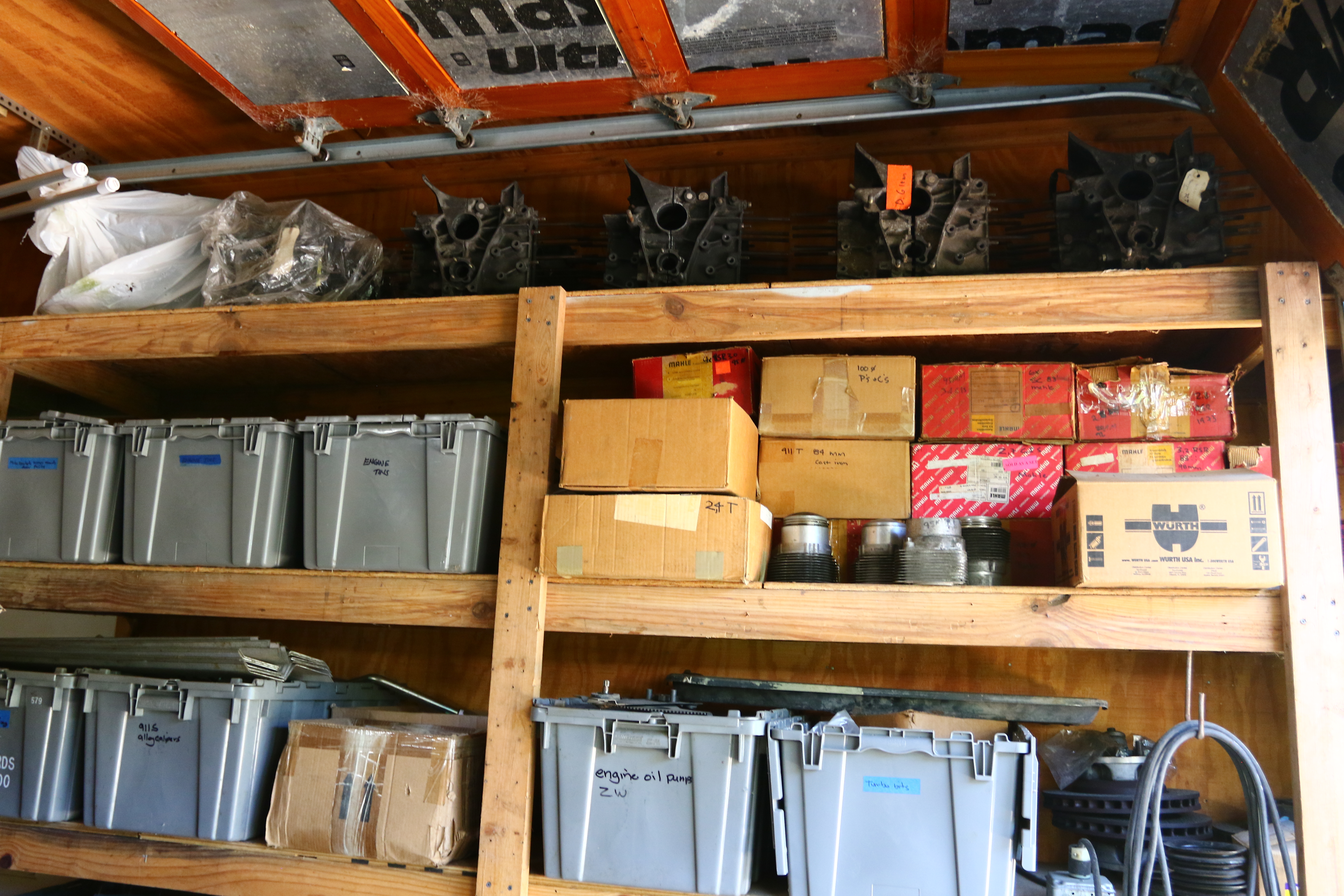 David Glenn Classic Motorsports Porsche Parts Collection shelves boxes